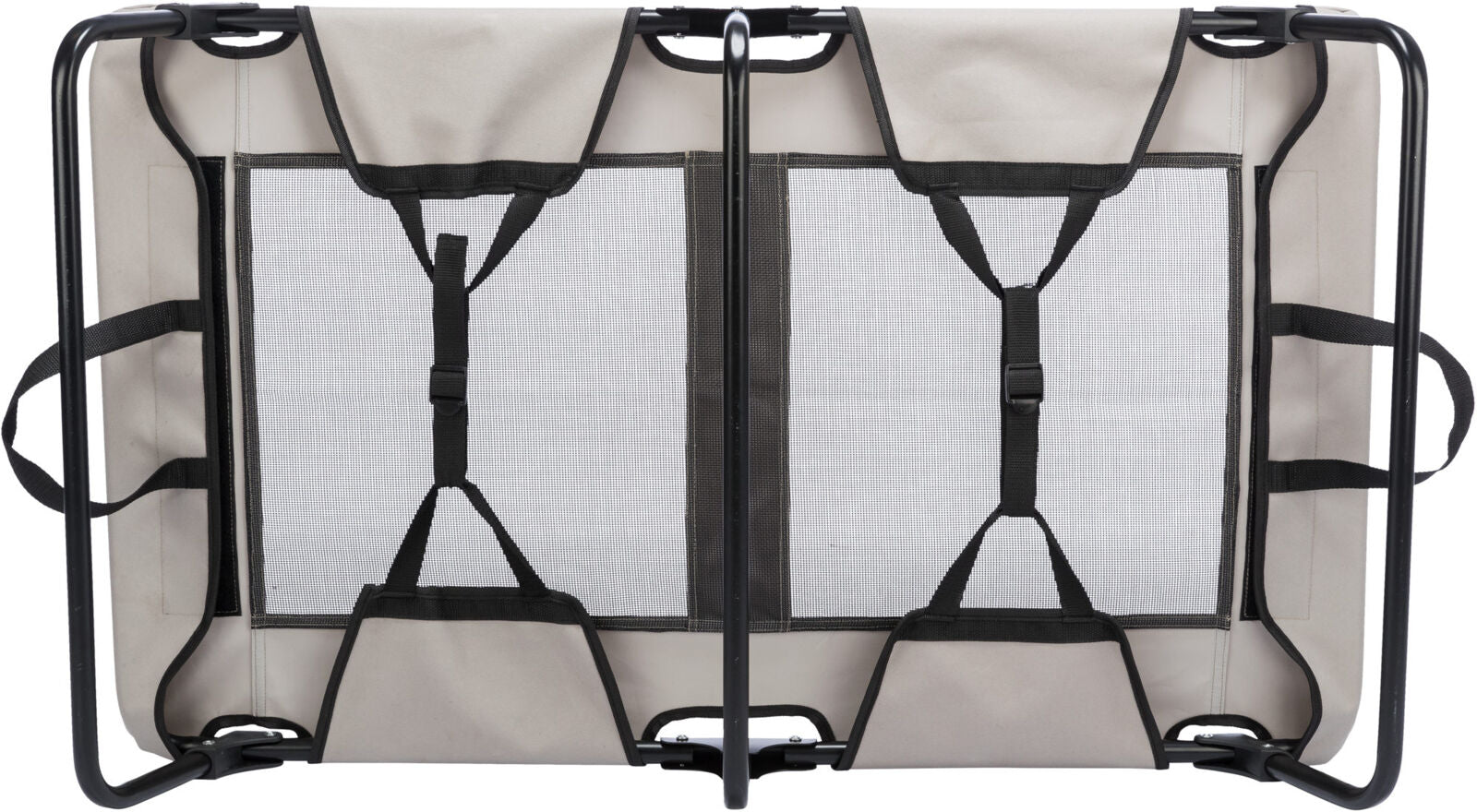 Rahmengestell mit beige und schwarzem Material sowie Netzgewebe in der Mitte, umgeben von schwarzem Rahmen.