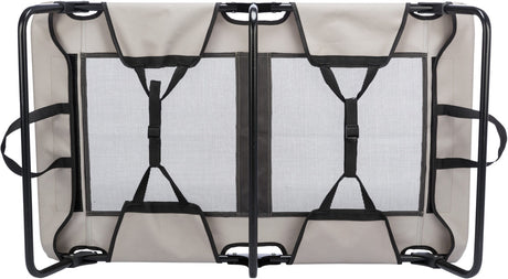 Rahmengestell mit beige und schwarzem Material sowie Netzgewebe in der Mitte, umgeben von schwarzem Rahmen.