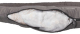Graues Kissen mit einem offenen Reißverschluss, der den weißen Innenstoff sichtbar macht.