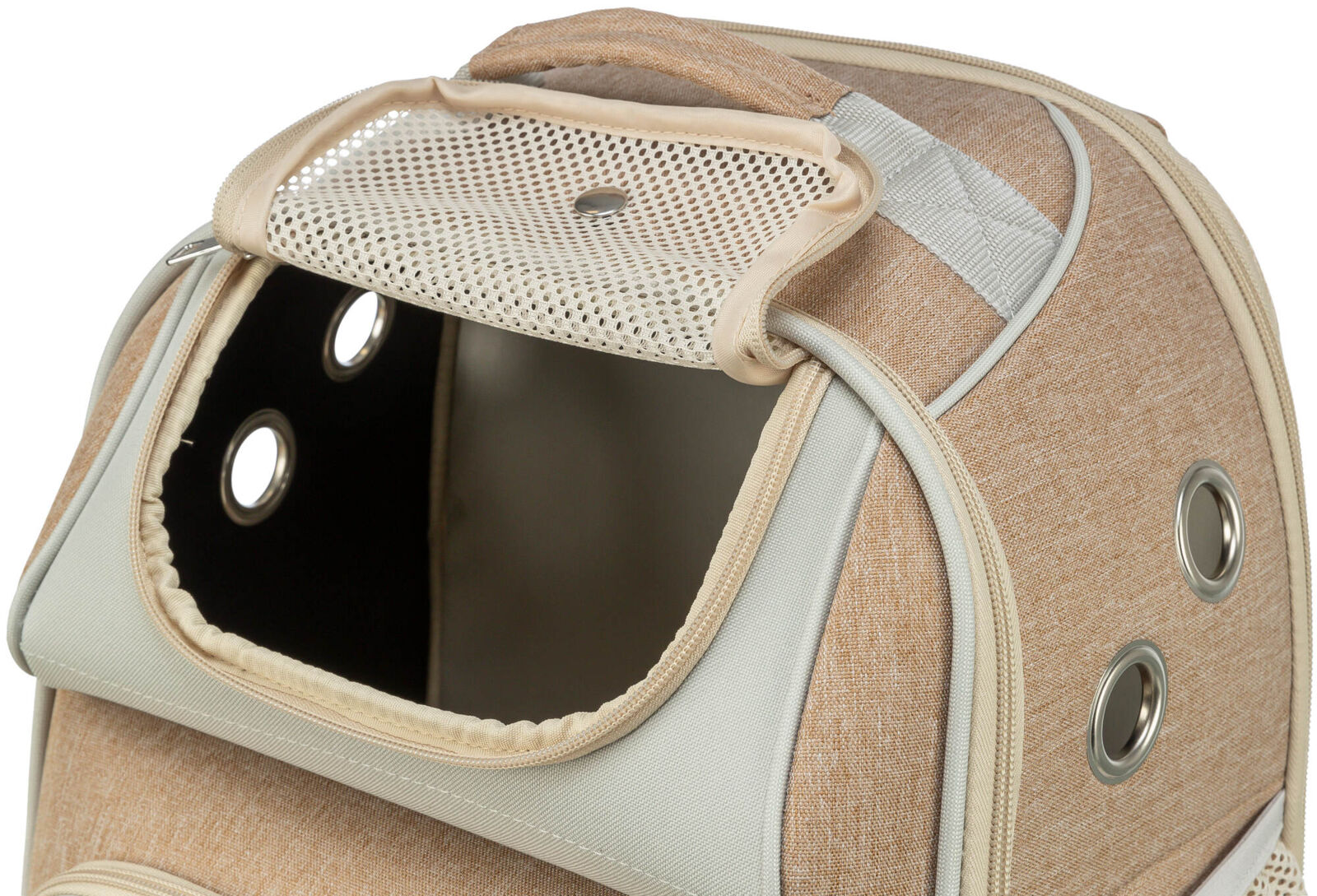 Braune Transporttasche mit Mesh-Öffnung und runden Lüftungslöchern aus Metall, graue Tragegriffe.