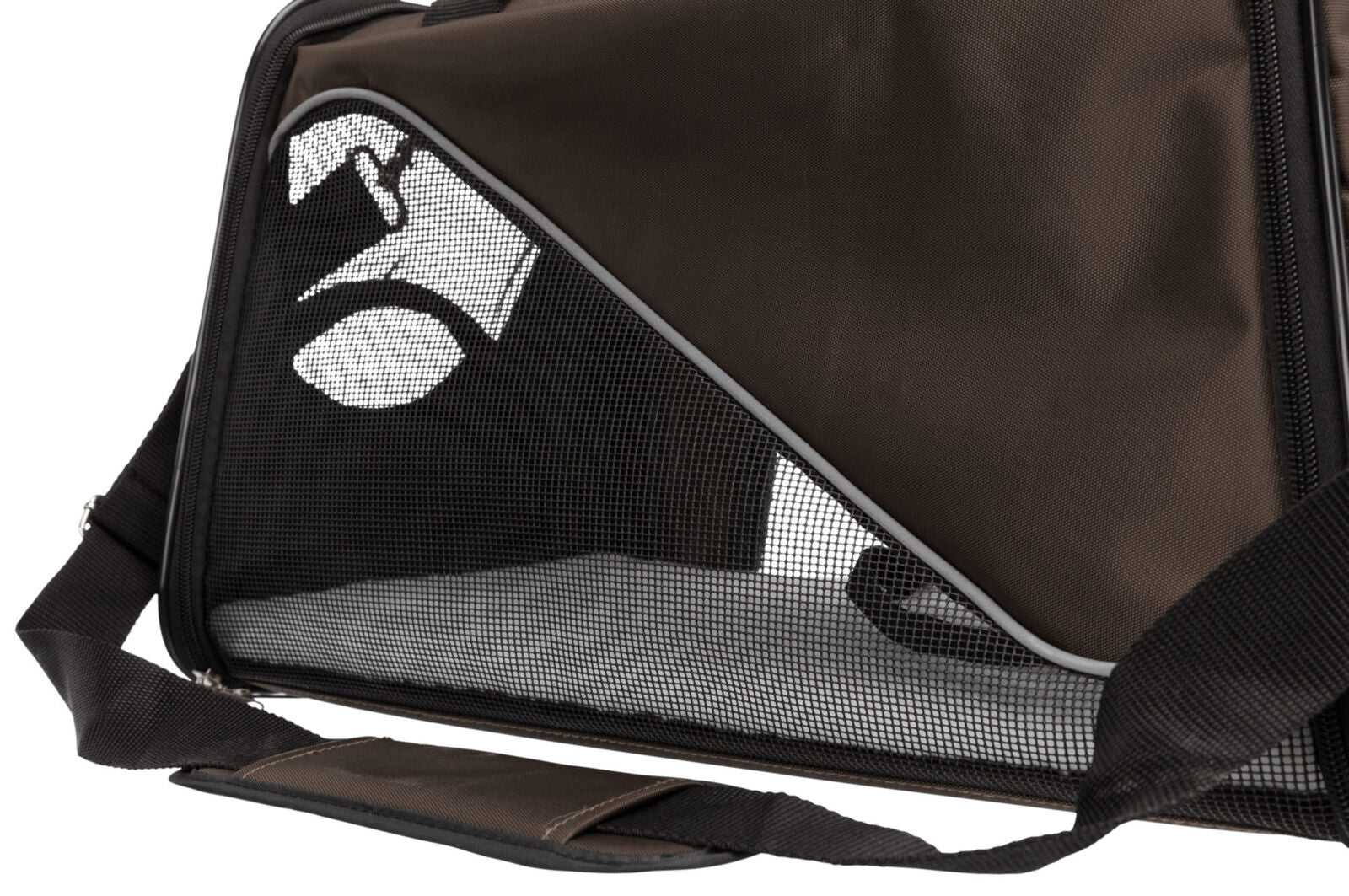 Braune Tragetasche mit schwarzem Tragegurt, seitlich Netzeinsatz und Reißverschluss.