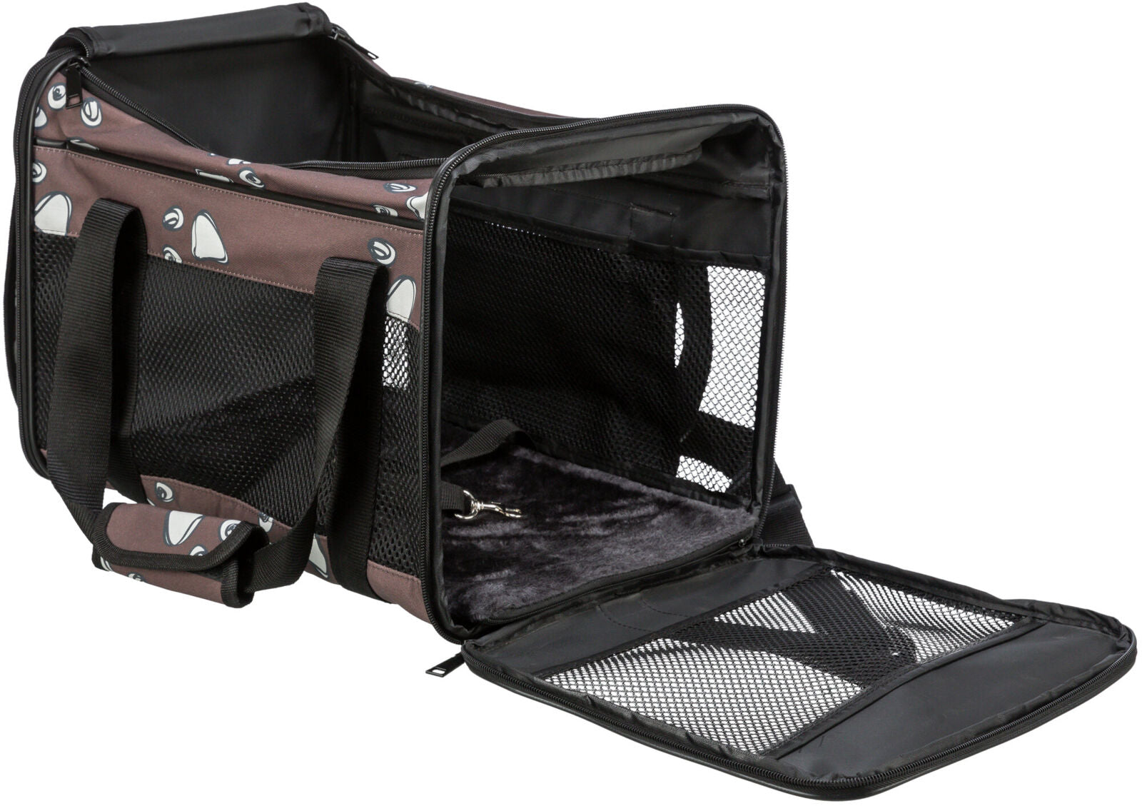 Schwarze Transporttasche mit Gucklöchern und Tragegriffen, seitlich und auf der Vorderseite mit Netzeinsätzen.