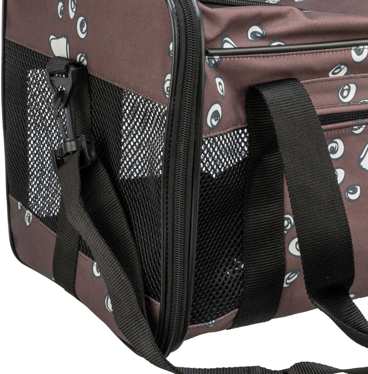 Braune Transporttasche mit schwarzem Netzbereich und Trageriemen, bedruckt mit weißen Augenmotiven.