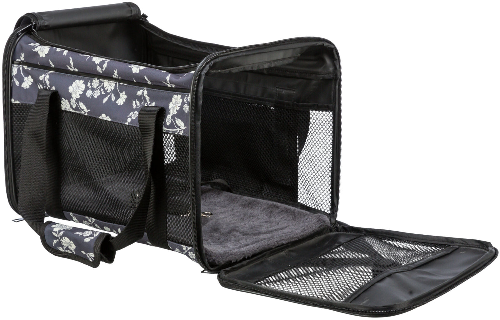 Schwarze Tragetasche mit floralem Muster und Netzseiten sowie gepolstertem Innenraum und Reißverschlussöffnung.