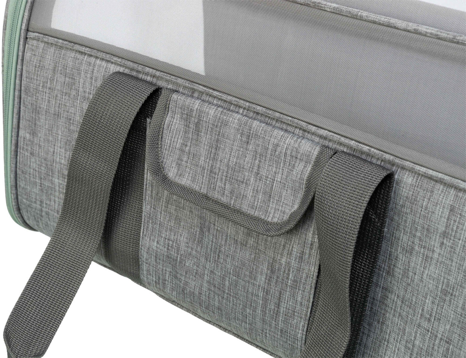 Graue Transporttasche mit Tragegriffen aus Stoff und transparentem Fenster auf der Oberseite.