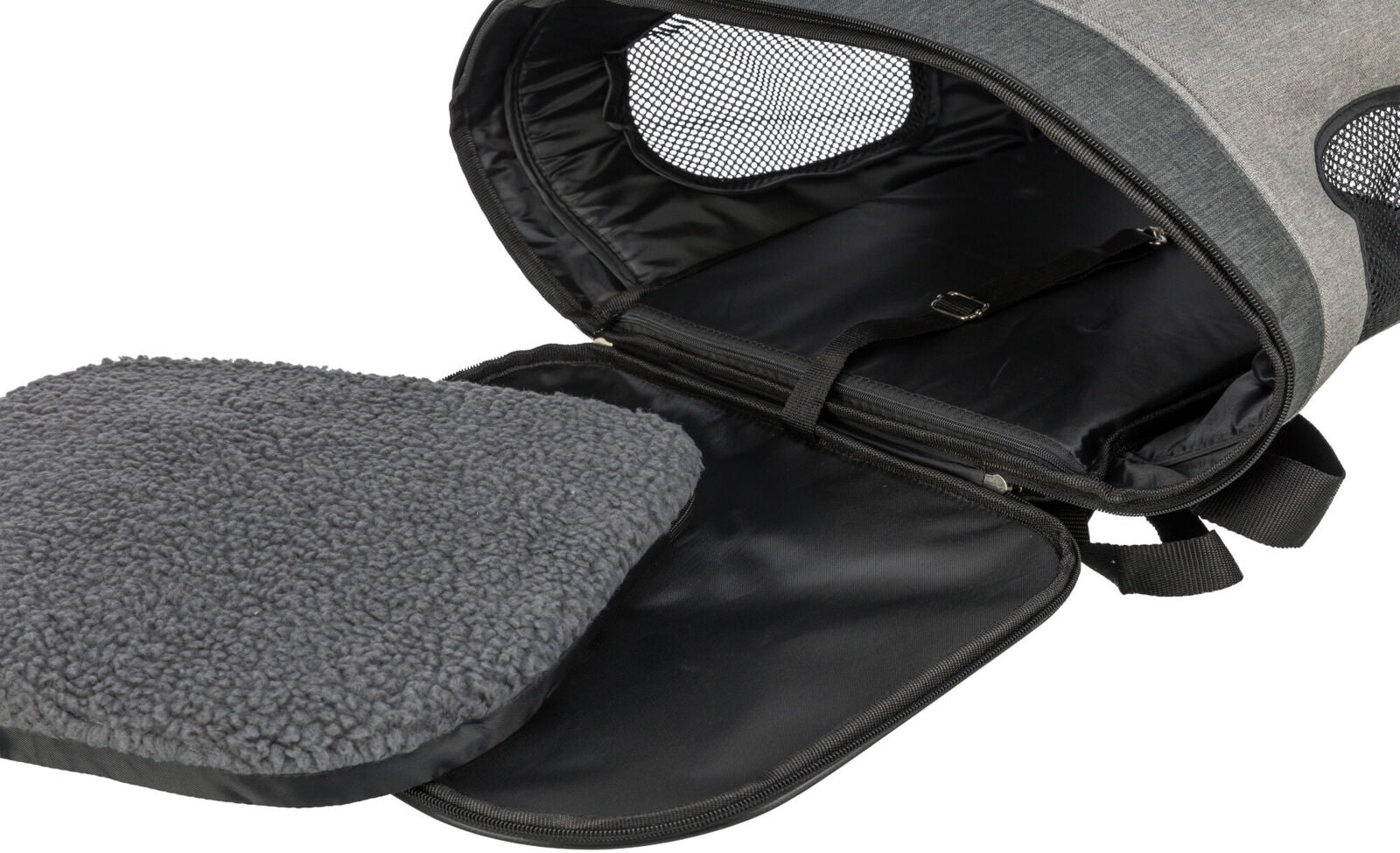 Grau-schwarzer Transportbehälter mit Netzfenstern und abnehmbarem, gepolstertem Innenkissen, Reißverschluss sichtbar.