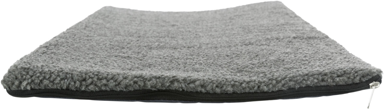 Graues, rechteckiges Kissen mit flauschiger Oberfläche und Reißverschluss an der Seite.