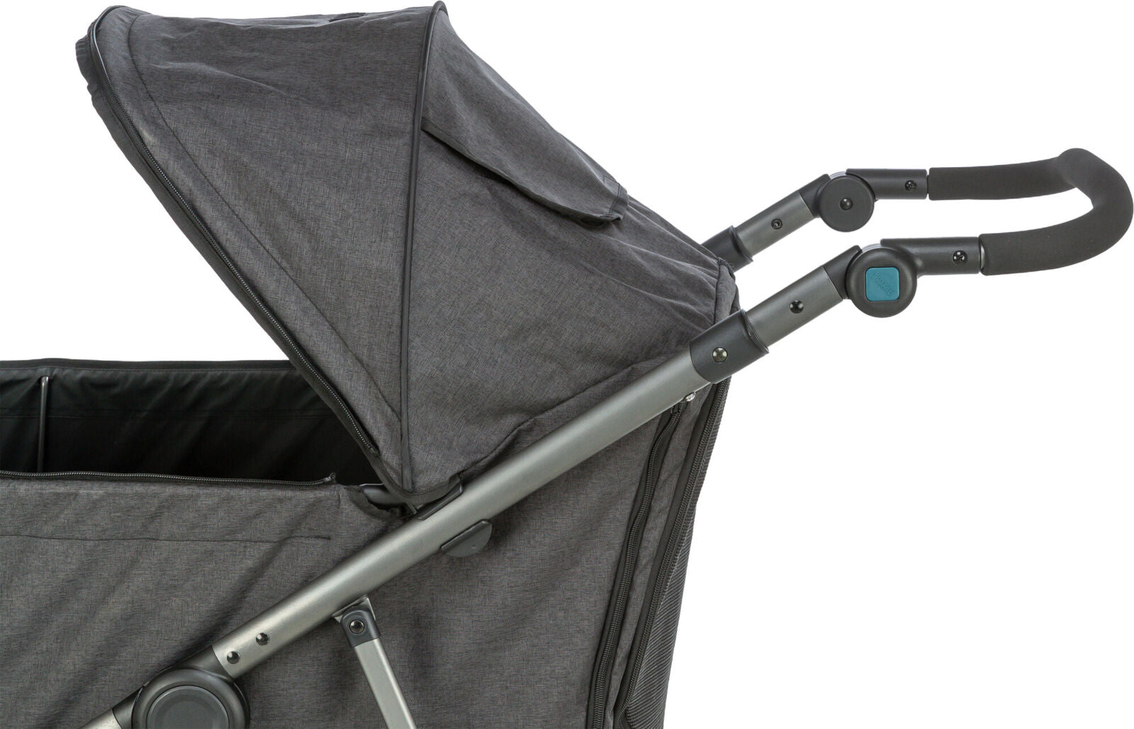 Grauer Kinderwagen mit verstellbarem Griff und Sonnenverdeck, Seitenansicht ohne sichtbare Inhalte im Inneren.