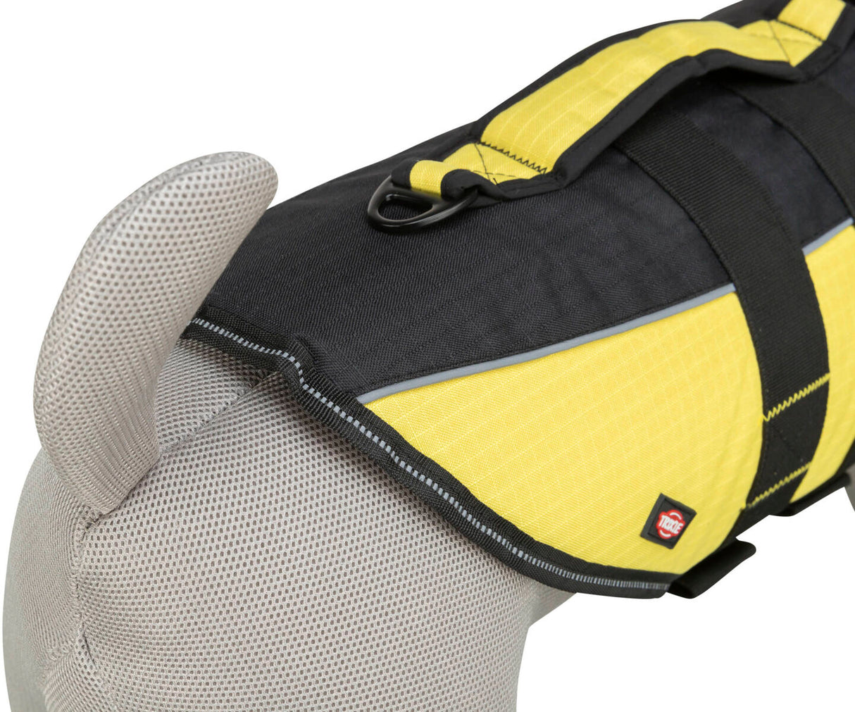 Gelber und schwarzer Hundemantel mit Tragegriff auf einem grauen Hundemodell.