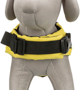 Graues Hundemodell mit einem gelben Gürtel, befestigt durch einen schwarzen Schnallenverschluss.