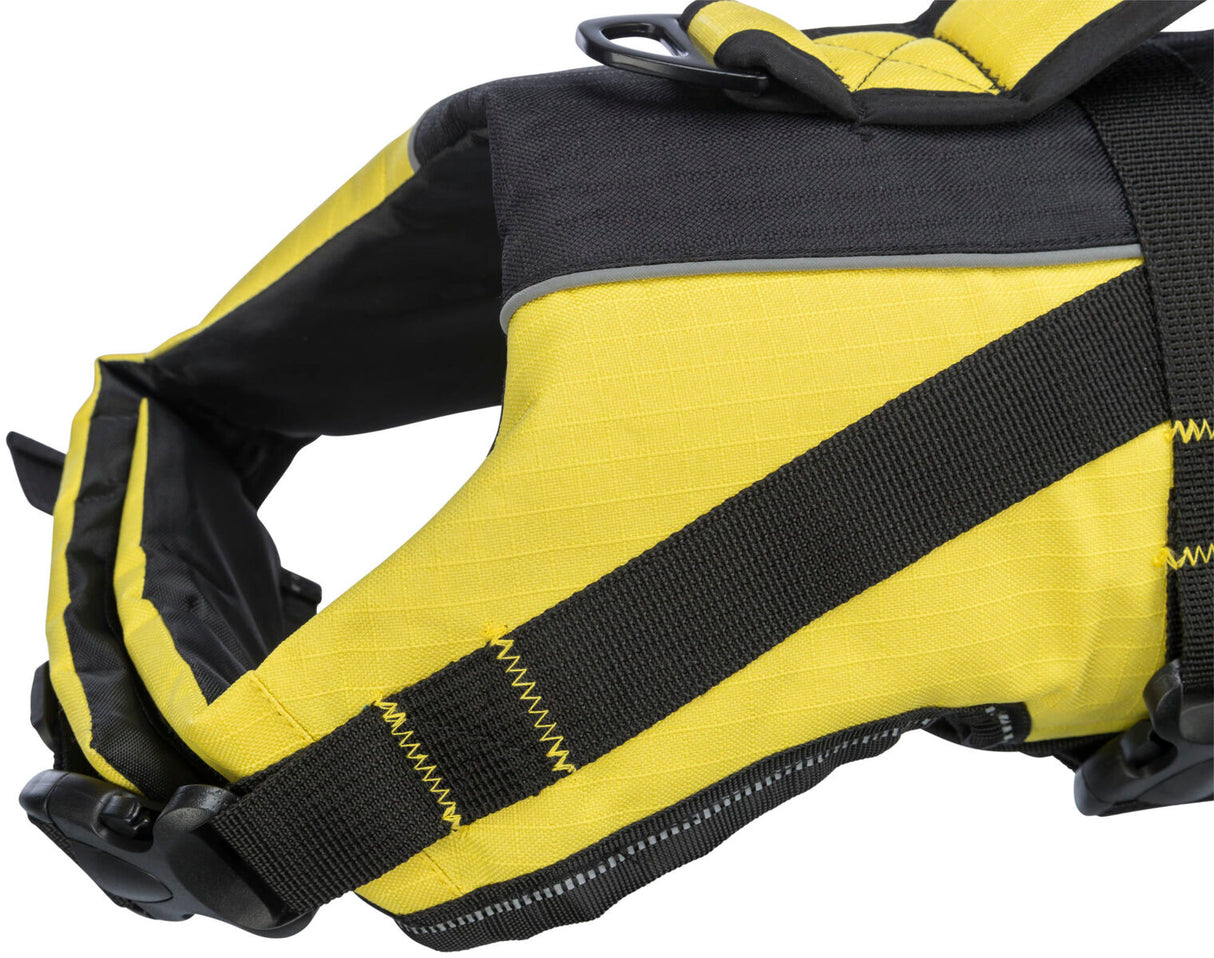 Gelb-schwarze Hundeweste mit verstellbaren Gurten und Schnallen, die aus strapazierfähigem Material gefertigt ist.