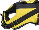 Gelb-schwarze Hundeweste mit verstellbaren Gurten und Schnallen, die aus strapazierfähigem Material gefertigt ist.