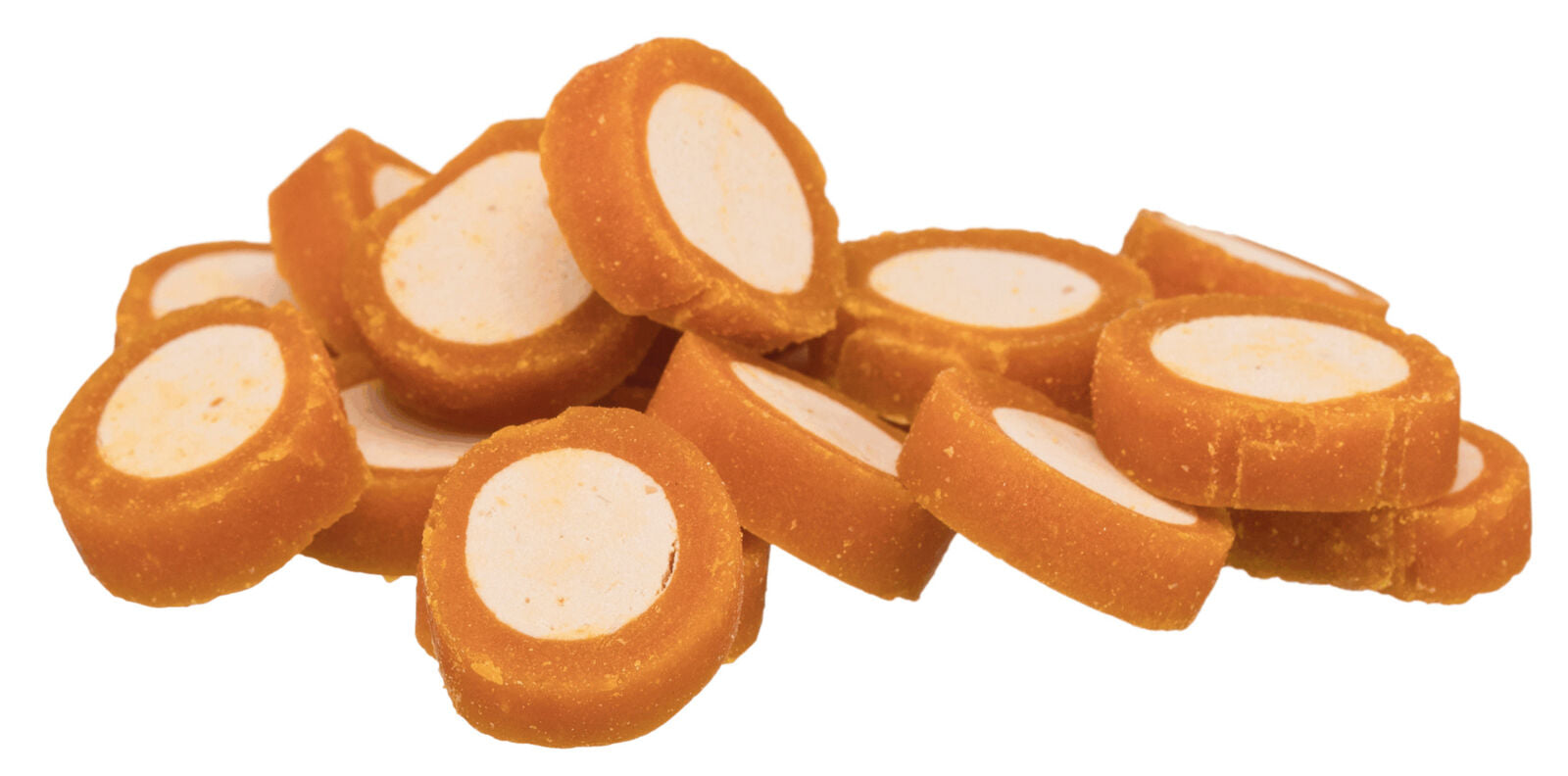 Mehrere runde, orange-braune Scheiben mit weißem Kern liegen übereinander gestapelt.