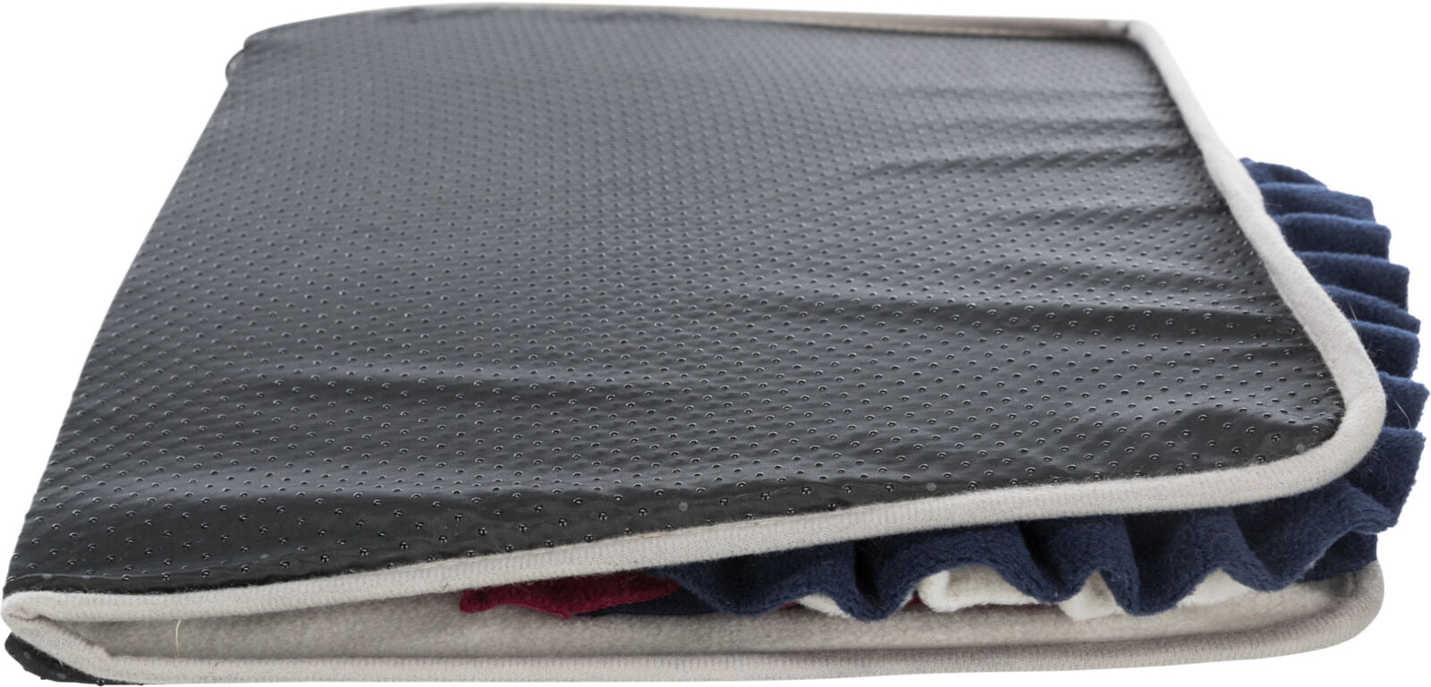 Gefaltete Matte mit rutschfester, grauer, gepunkteter Oberfläche und blauem Stoffrand auf der Unterseite.