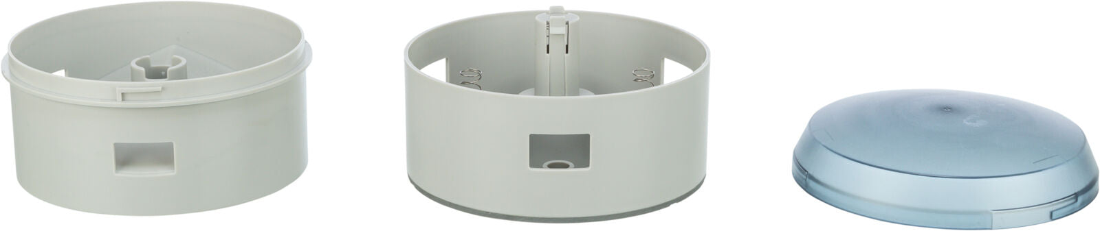 Drei hellgraue zylindrische Behälterteile, davon zwei offen mit Innenfedern, und ein blau-transparenter Deckel.