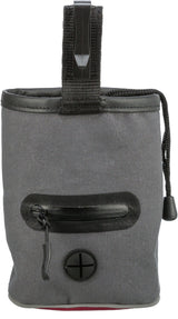 Grau-schwarze Tasche mit Reißverschluss und Clip oben, sowie einem runden Lüftungsöffnungsdetail unten.