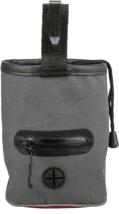 Grau-schwarze Tasche mit Reißverschluss und Clip oben, sowie einem runden Lüftungsöffnungsdetail unten.
