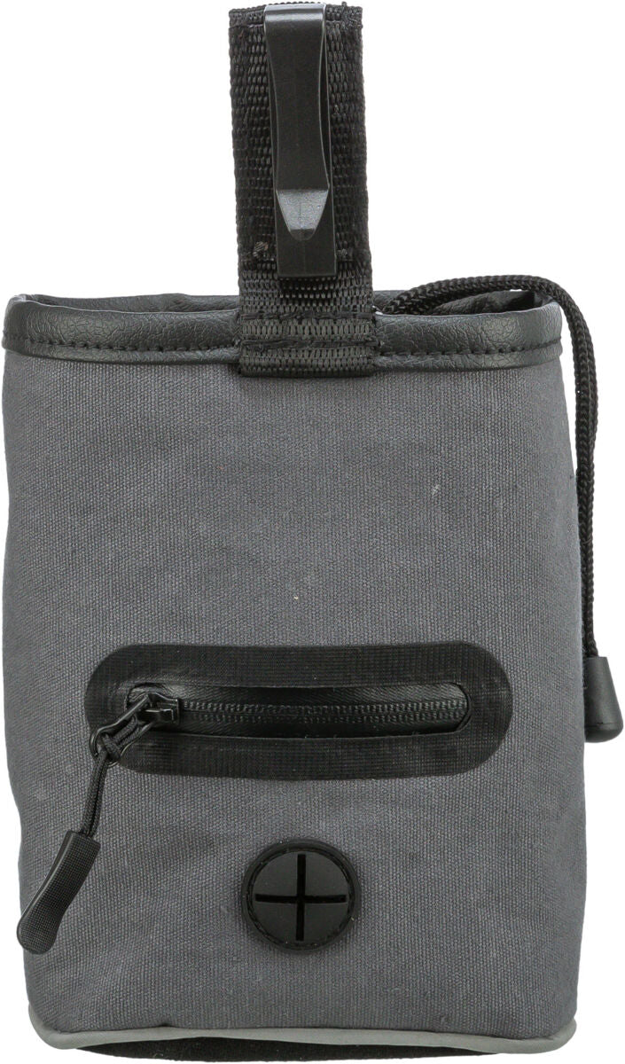 Graue Tasche mit schwarzem Reißverschlussfach und Schlaufe, unten schwarzer kreuzförmiger Einsatz.