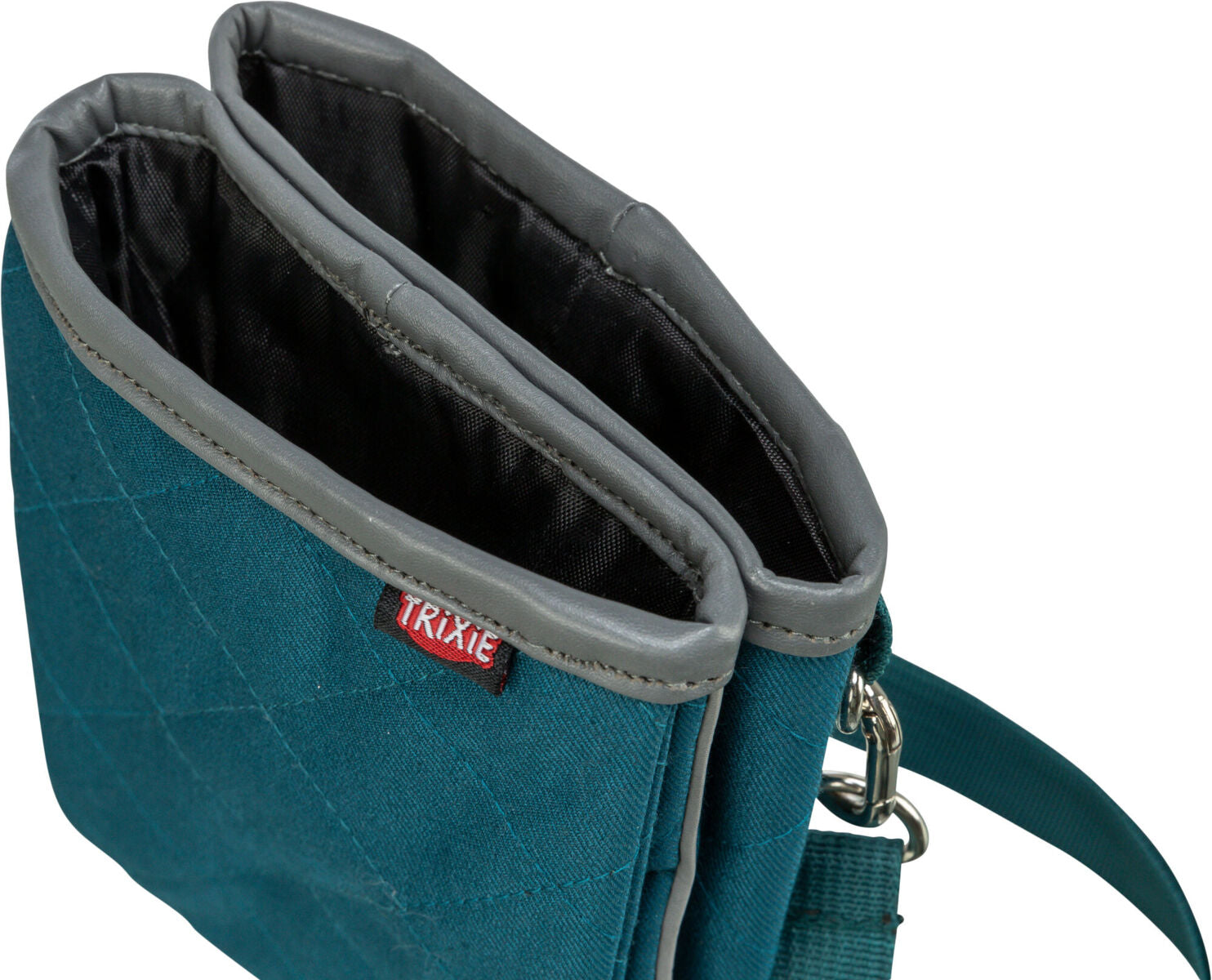 Türkise Tasche mit zwei Fächern, grauem Rand, schwarzem Innenfutter und der Aufschrift "Trixie".