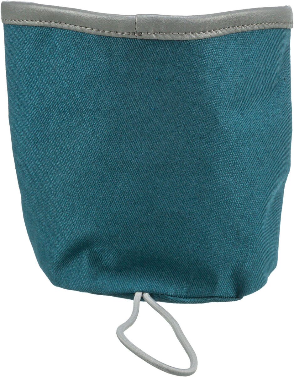 Blauer Stoffbeutel mit grauem Rand und einer Kordel am Boden.