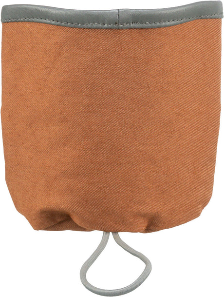 Beutel in brauner Farbe mit grauem Rand und Kordelzug unten.