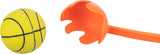 Gelber Ball mit schwarzen Streifen neben einer orangefarbenen Wurfvorrichtung mit halbrundem Griff und Öffnung.