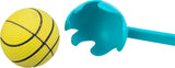 Gelber Ball mit schwarzen Linien neben einem blauen Handgriff mit halbrunder Öffnung.