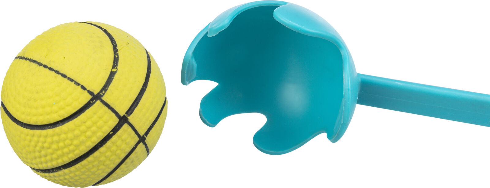 Gelber Ball mit schwarzen Linien neben einem blauen Handgriff mit halbrunder Öffnung.