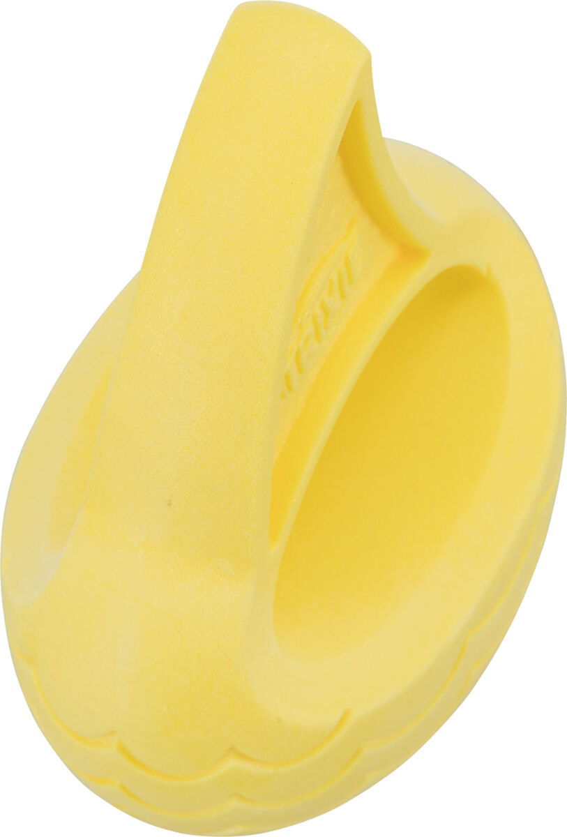 Gelbes, ovales Objekt mit Rillen und einer Öffnung, aus festem Material; möglicherweise Griff oder Werkzeugteil.