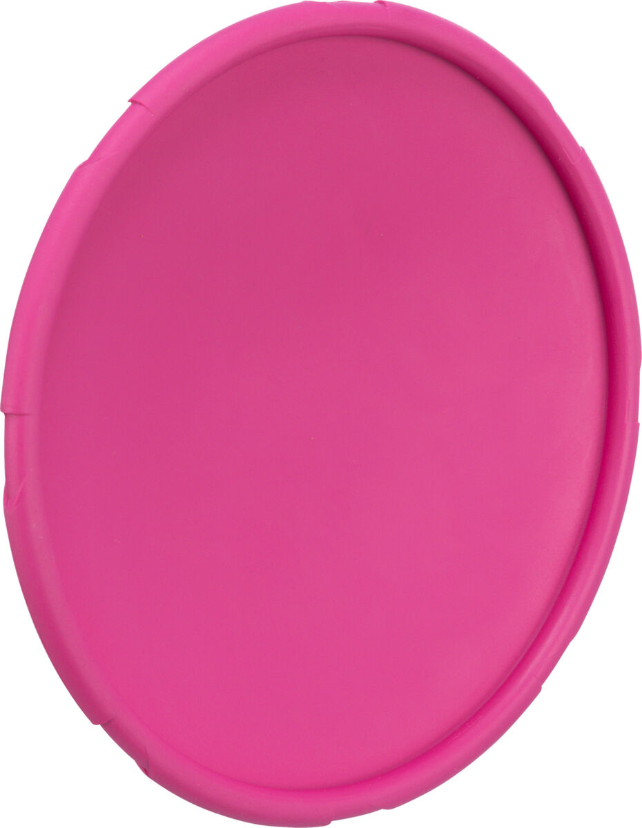 Runder, pinkfarbener flacher Gegenstand mit glattem Rand.