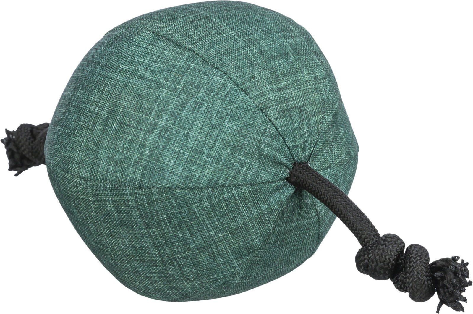 Grüner, runder Stoffball mit schwarzem Seil, das an beiden Enden herausragt.