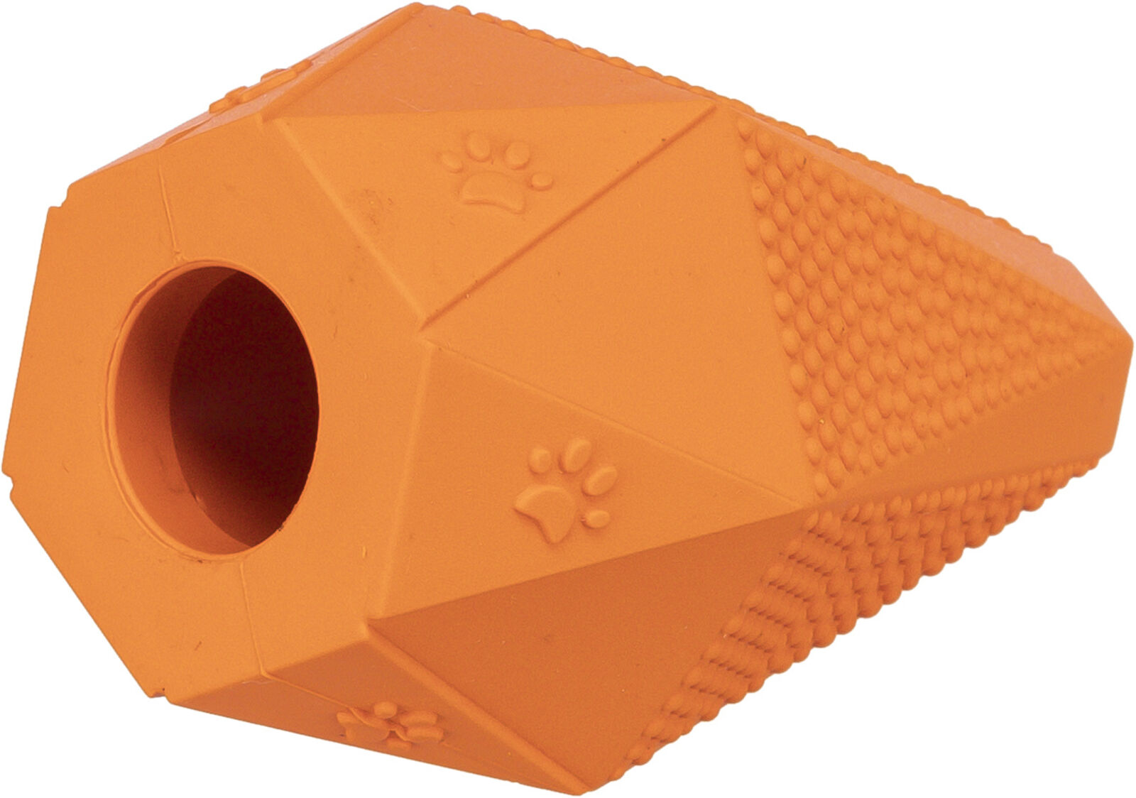 Orange Spielzeug mit kantiger Form und Pfotenabdruck-Muster, einem Loch an einer Seite und strukturierter Oberfläche.