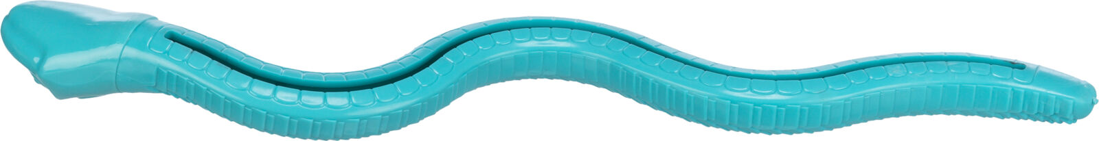 Blaues, wellenförmiges Objekt mit schwarzem Streifen und geriffelter Oberfläche, schlauchähnlich geformt.