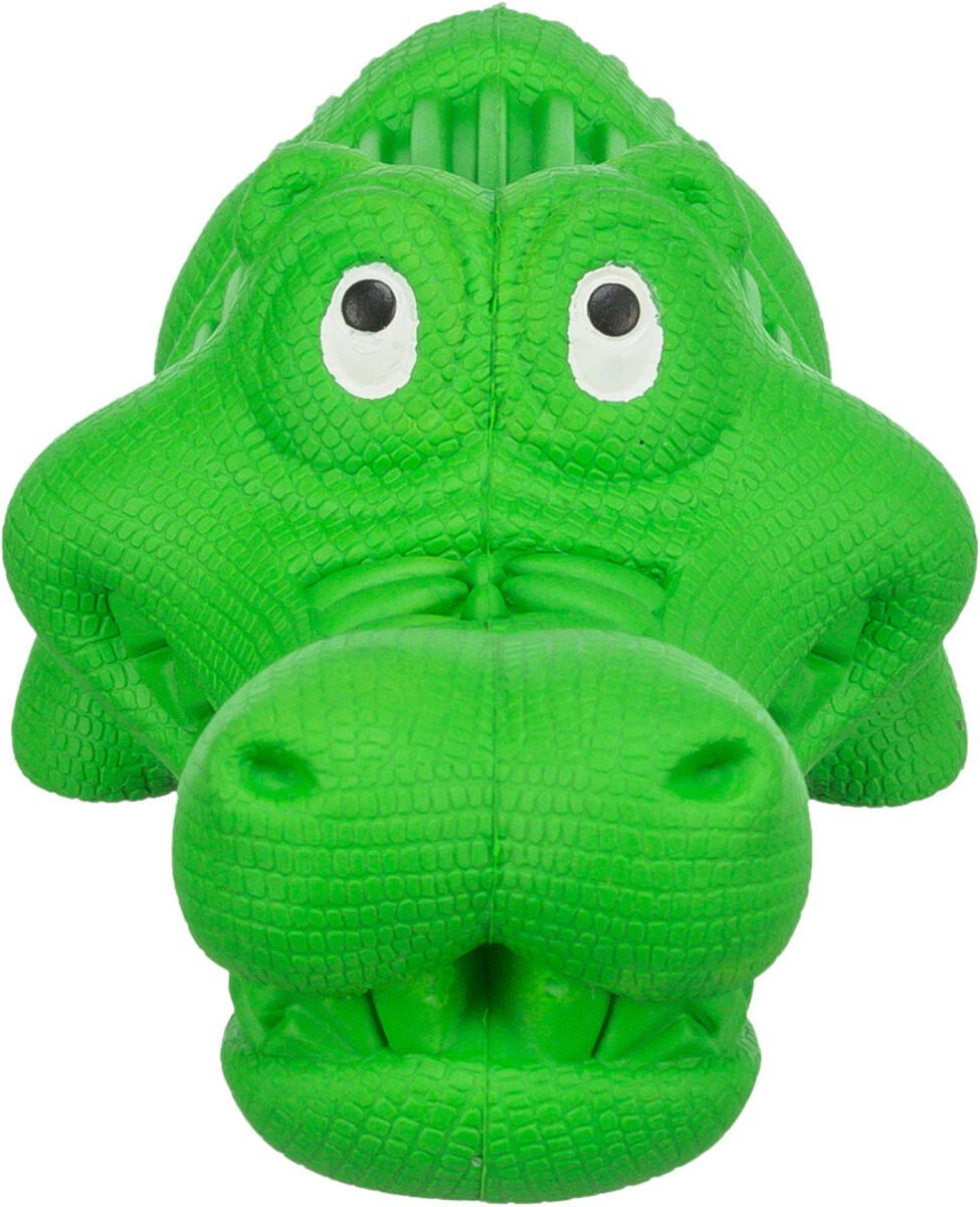 Grünes Krokodil-Spielzeug aus Gummi mit großen Augen und strukturierter Oberfläche.