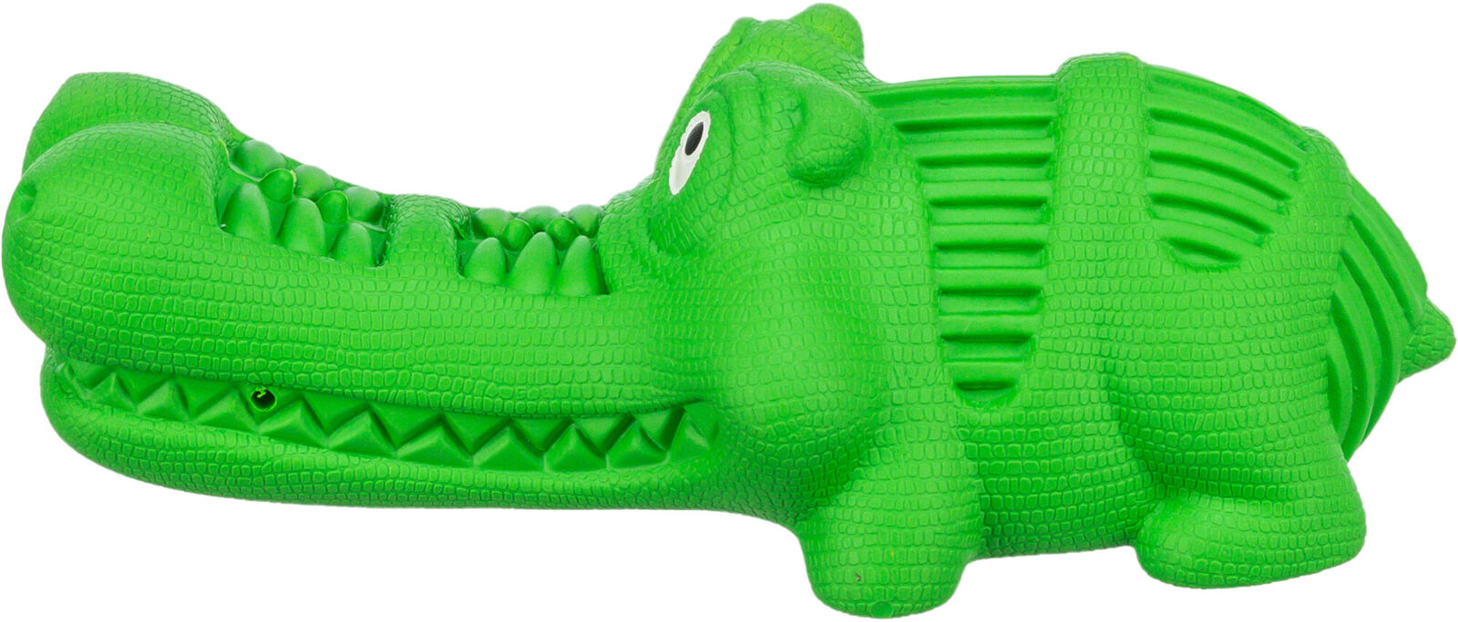Grünes Krokodilspielzeug aus Kunststoff mit strukturierter Oberfläche und stilisierten Augen.
