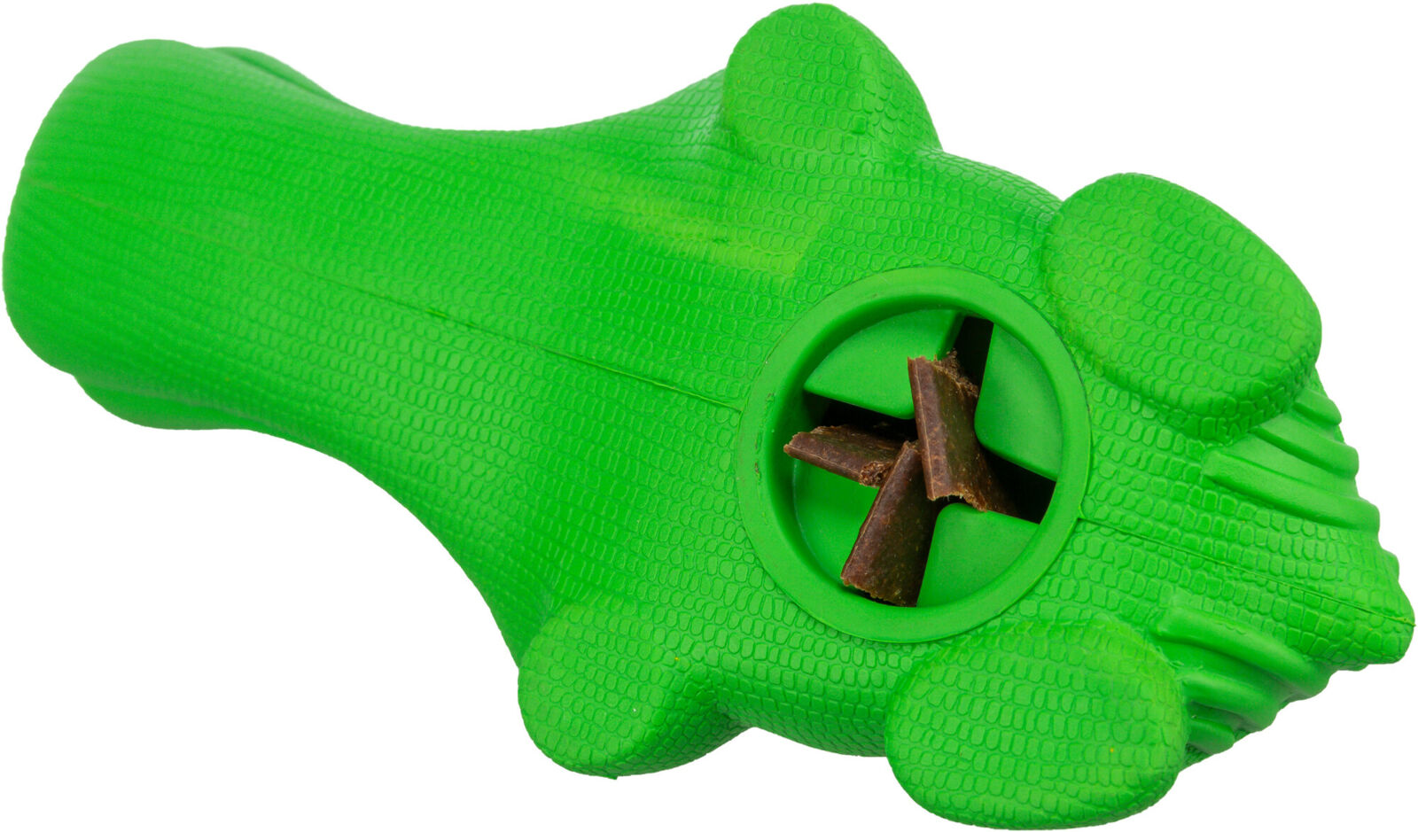 Grünes Spielzeug in Tierform mit strukturierter Oberfläche und offenem Fach, gefüllt mit braunen Stücken.