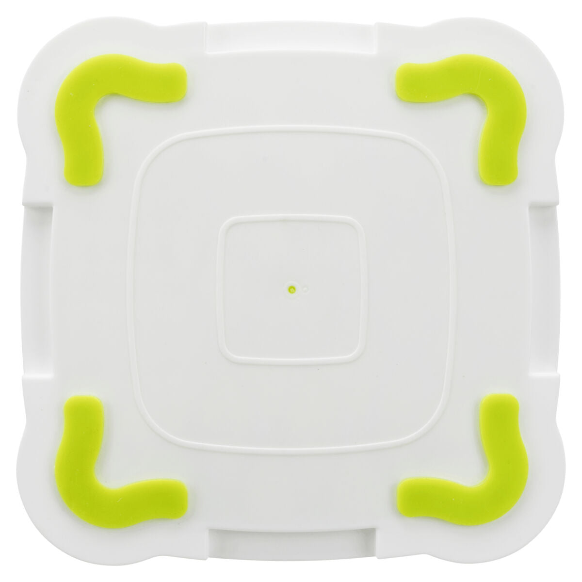 Weiße quadratische Plastikabdeckung mit vier grünen Ecken, leicht erhaben, in der Mitte vertieft.