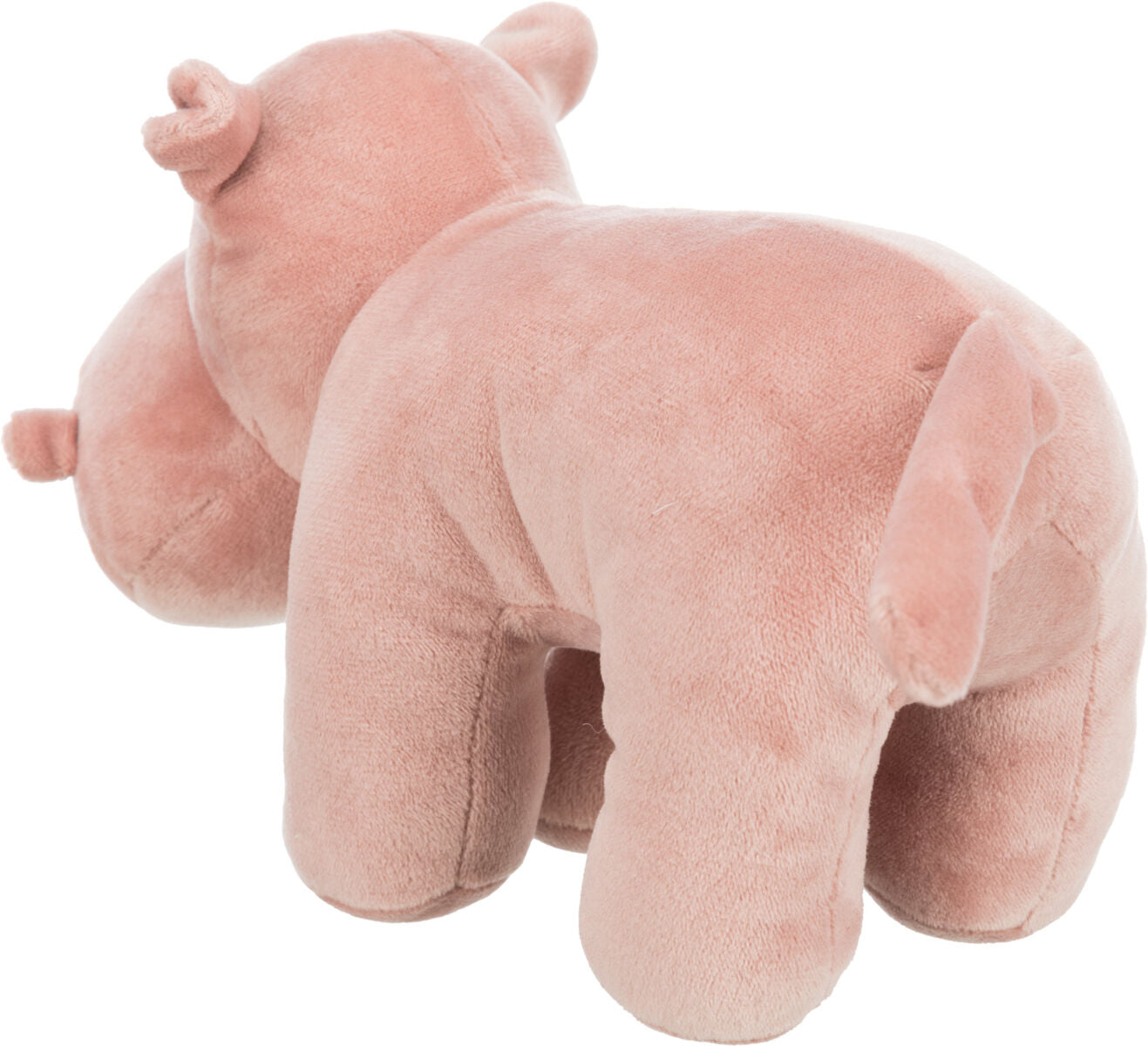 Ein rosa Plüsch-Hippo mit kurzen Beinen, rundem Körper und kleinen Ohren, von hinten betrachtet.
