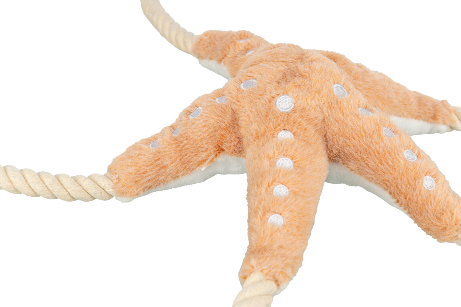 Ein starförmiges Spielzeug mit orangefarbenem Plüsch und weißen Punkten, verbunden mit zwei Kordeln.