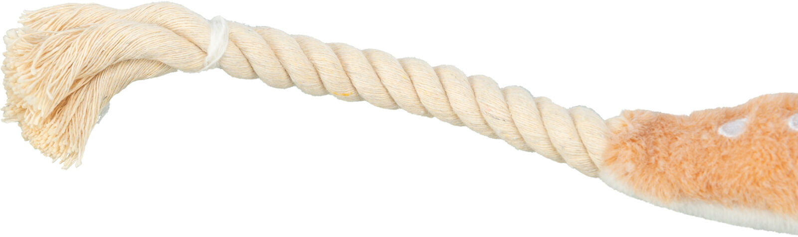 Geflochtenes beiges Seilspielzeug mit Fransen an einem Ende und plüschartigem Material am anderen Ende.