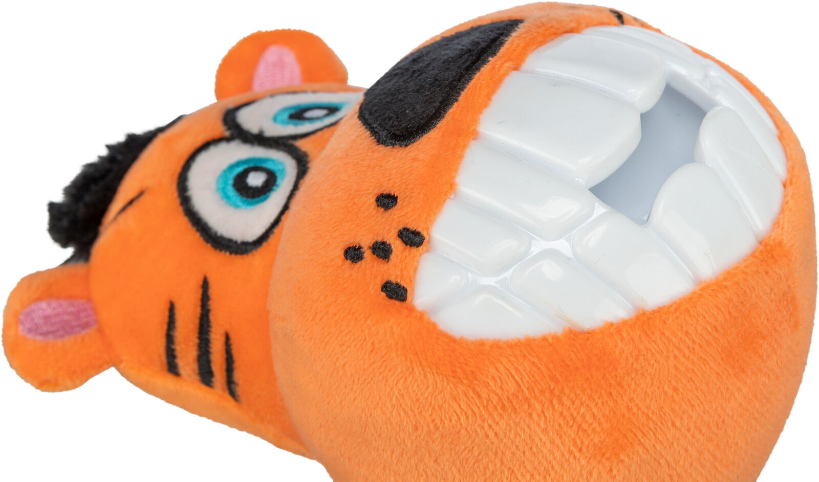 Plüschspielzeug in Form eines orangefarbenen Tiers mit großen weißen Plastikzähnen und großen Augen.