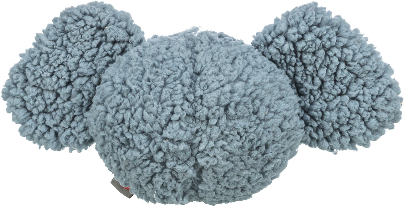 Weiches, graues, flauschiges Objekt mit drei großen, runden, texturierten Bereichen, die eine symmetrische Form bilden.