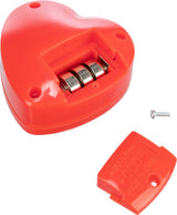 Rotes herzförmiges Kunststoffgehäuse mit Batteriefach, herausnehmbarem Deckel und einer kleinen Schraube.