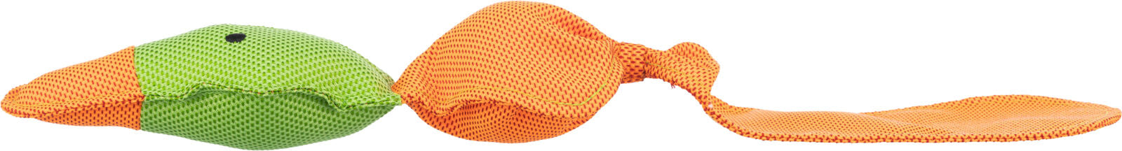 Langes Spielzeug in Form einer Schlange mit grünem und orangefarbenem gemustertem Stoff.