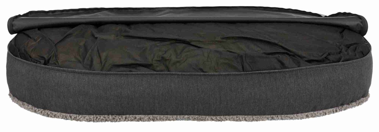 Ein ovales, dunkelgraues Sitzkissen mit abgerundeten Kanten und weichem Futter an der Unterseite.