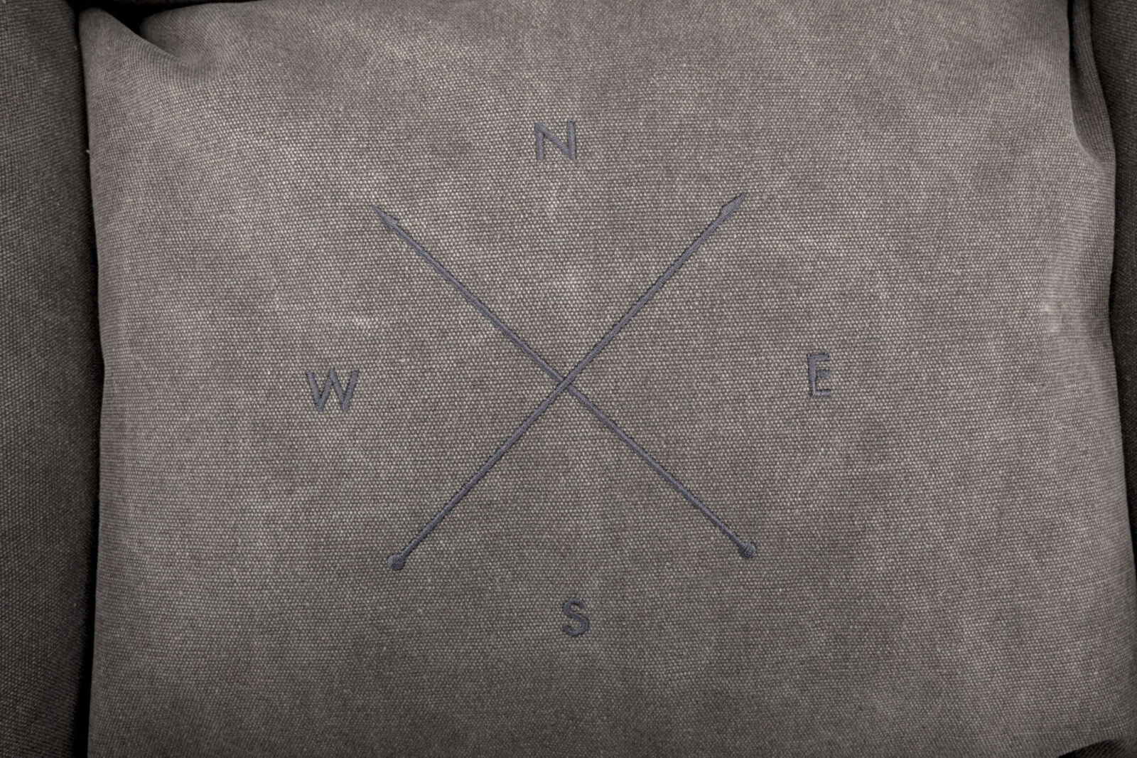 Graues quadratisches Muster mit vier Buchstaben N, E, S, W in den vier Ecken und zwei überkreuzten Linien.
