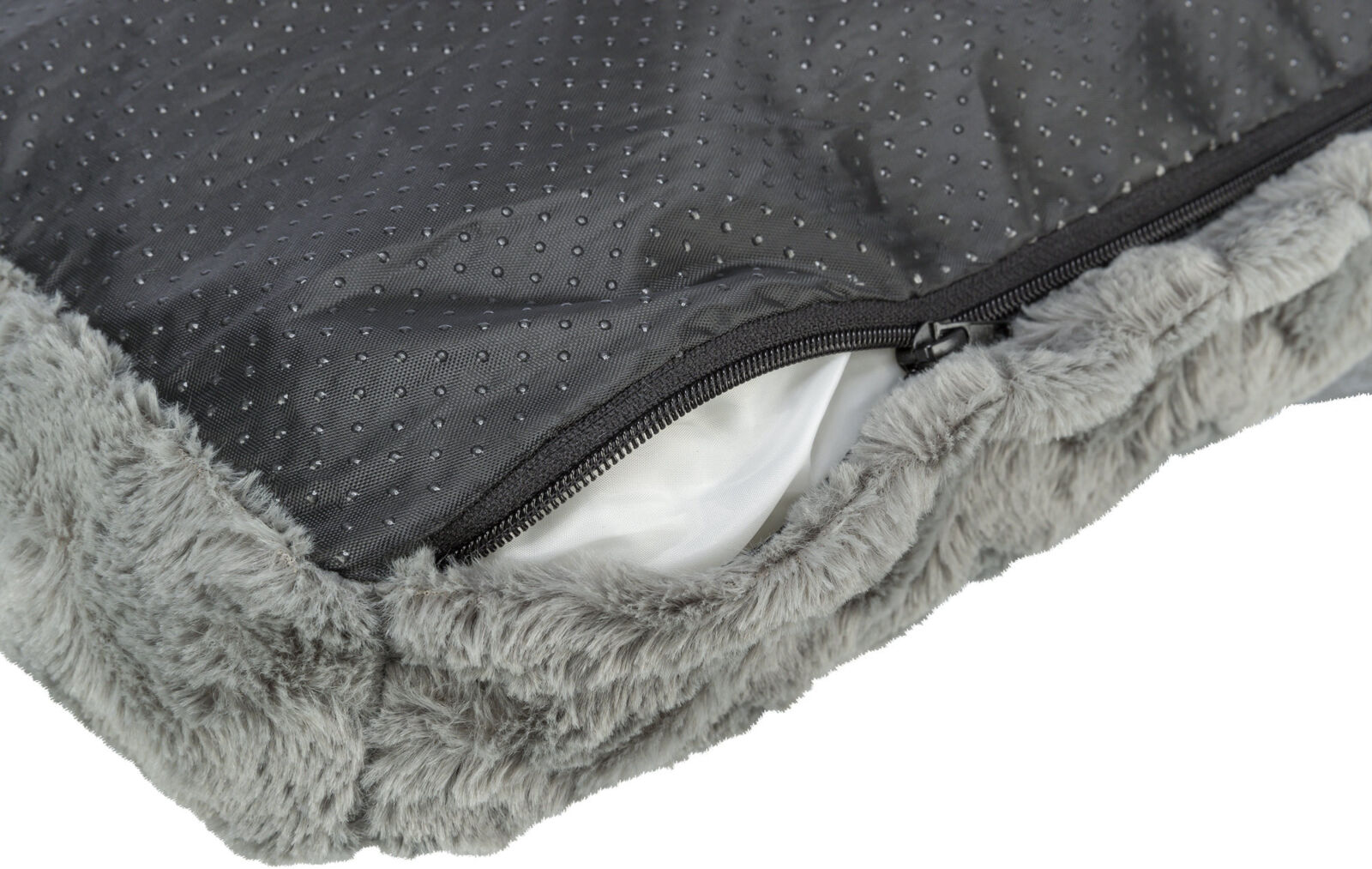 Graues, gepunktetes Obermaterial mit Reißverschluss und flauschiger, grauer Rand aus Fellimitat.