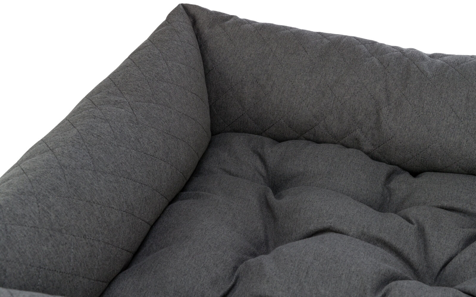 Grau gepolstertes Kissen mit gestepptem Muster auf der Oberfläche, weich und komfortabel.