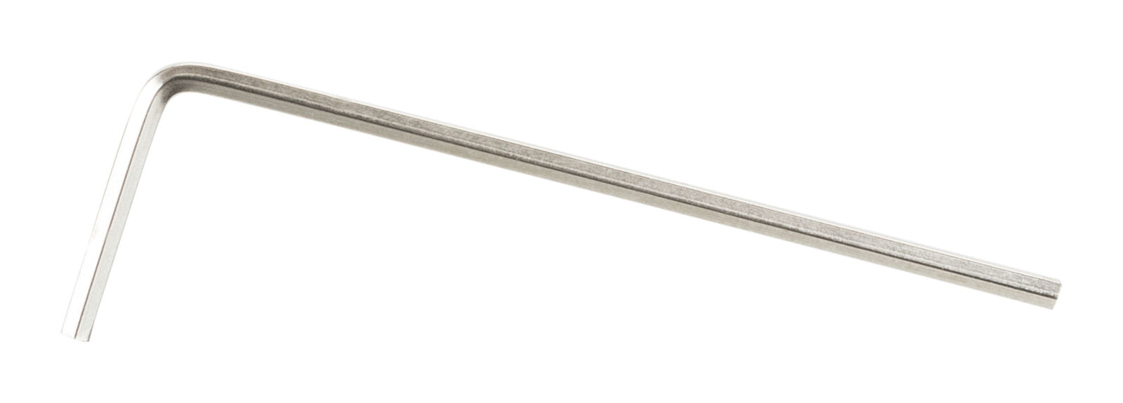 Silberfarbener Inbusschlüssel in L-Form gegen einen weißen Hintergrund liegend.