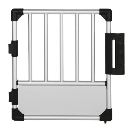 Silbernes Gitter mit schwarzen Ecken und Verschlüssen, fünf vertikale Streben auf rechteckigem Rahmen.